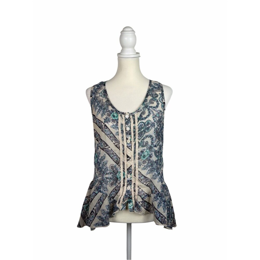 Eyelash Couture Paisley Boho Tank Top Large Blue Aqua Sleeveless Peplum Blouse